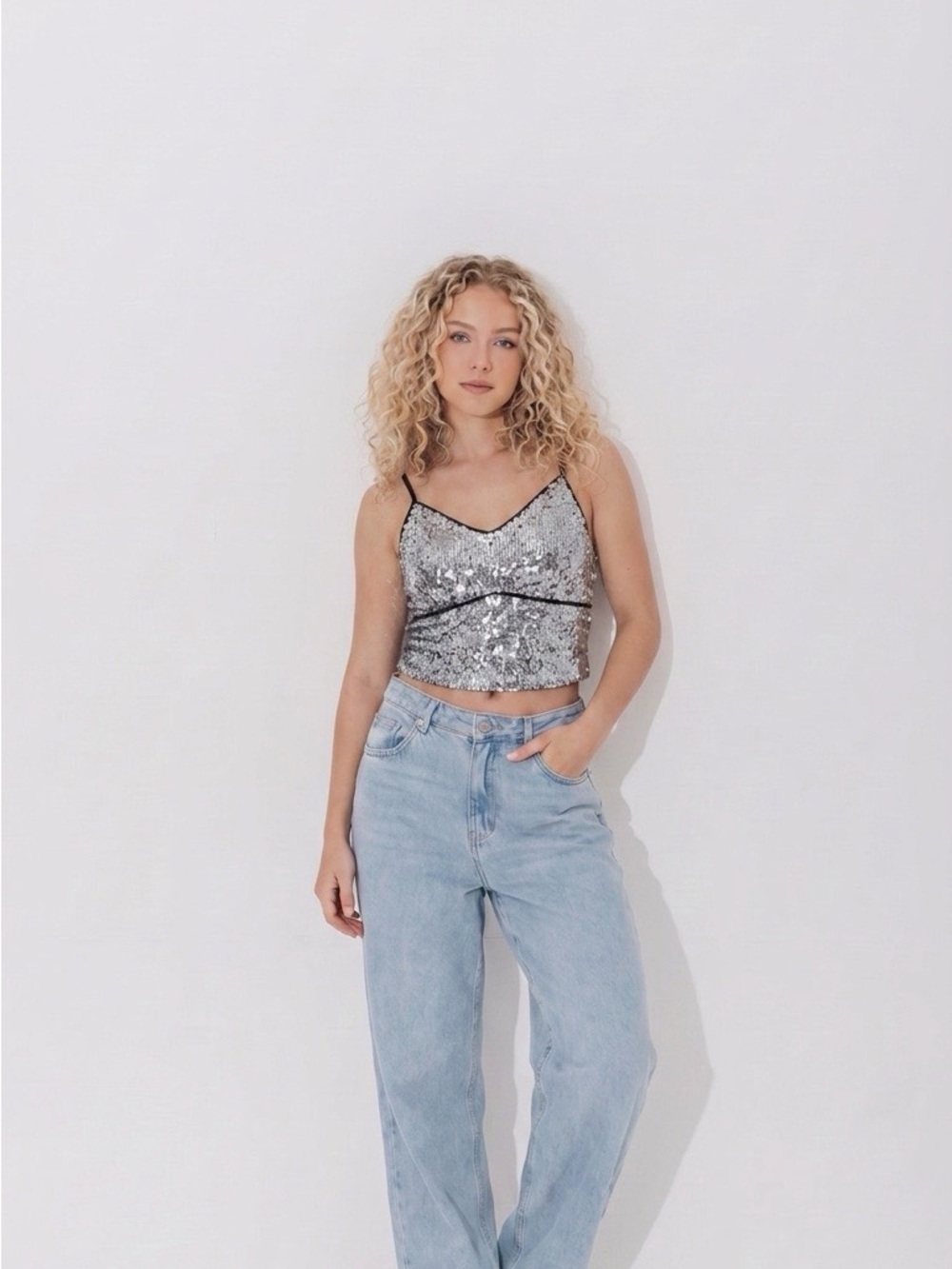 Free People Silver Sequin Camisole with Black Trim